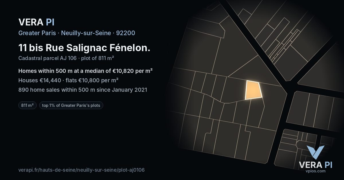 11 bis Rue Salignac Fénelon, Neuilly-sur-Seine at night – the plot lit, the parcels around coloured by the prices near them