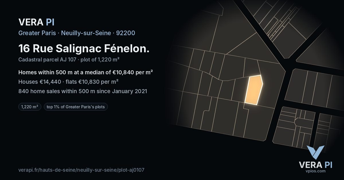 16 Rue Salignac Fénelon, Neuilly-sur-Seine at night – the plot lit, the parcels around coloured by the prices near them
