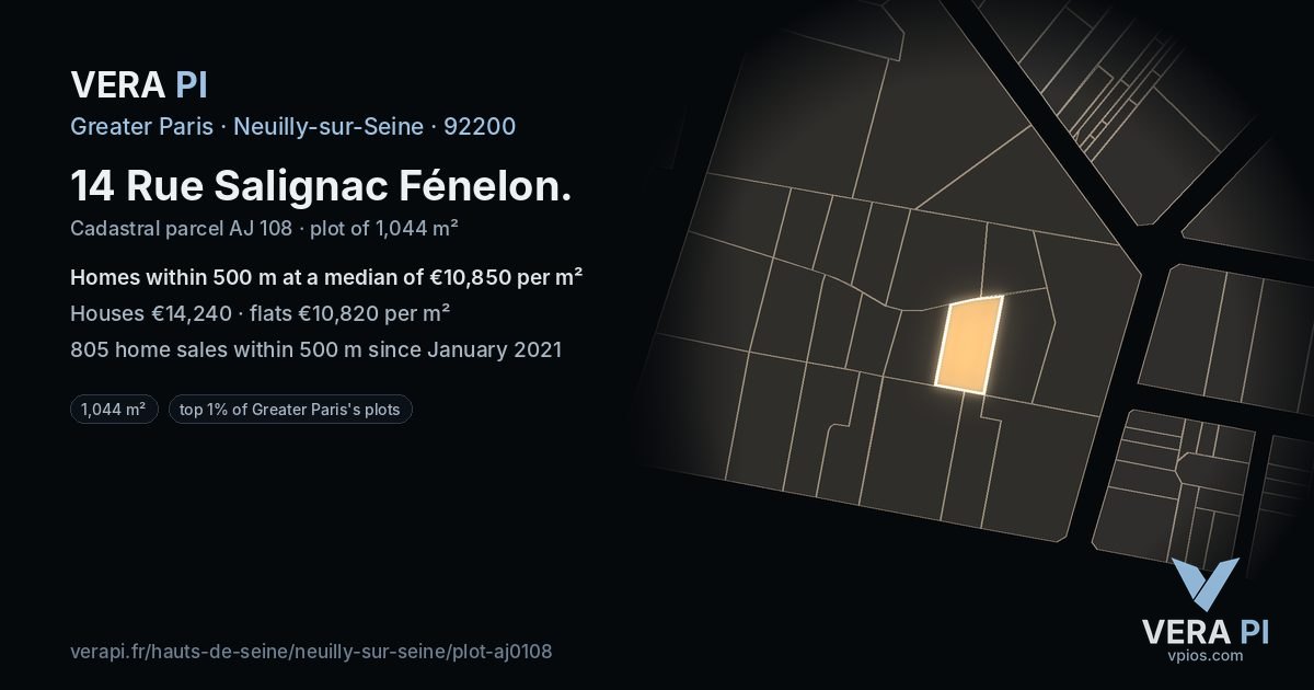 14 Rue Salignac Fénelon, Neuilly-sur-Seine at night – the plot lit, the parcels around coloured by the prices near them