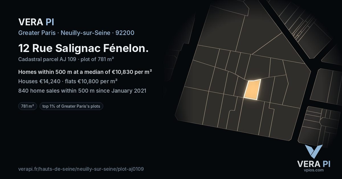 12 Rue Salignac Fénelon, Neuilly-sur-Seine at night – the plot lit, the parcels around coloured by the prices near them