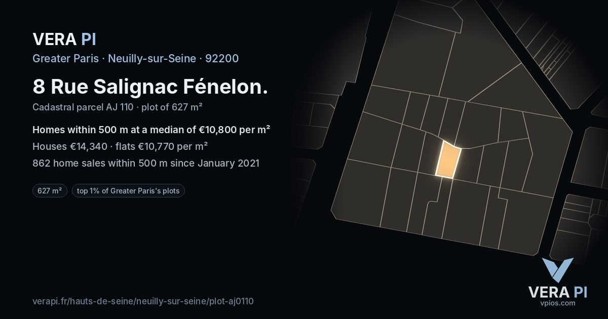 8 Rue Salignac Fénelon, Neuilly-sur-Seine at night – the plot lit, the parcels around coloured by the prices near them