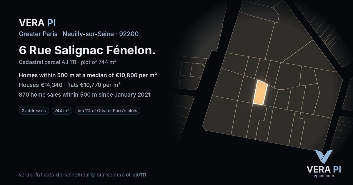 6 Rue Salignac Fénelon, Neuilly-sur-Seine at night – the plot lit, the parcels around coloured by the prices near them