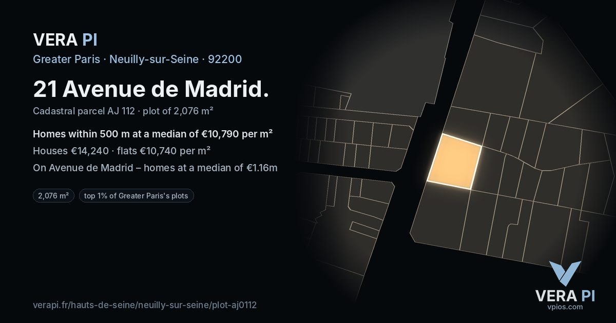 21 Avenue de Madrid, Neuilly-sur-Seine at night – the plot lit, the parcels around coloured by the prices near them
