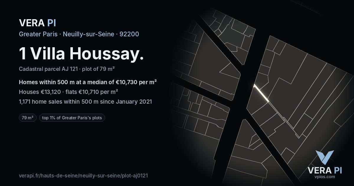 1 Villa Houssay, Neuilly-sur-Seine at night – the plot lit, the parcels around coloured by the prices near them