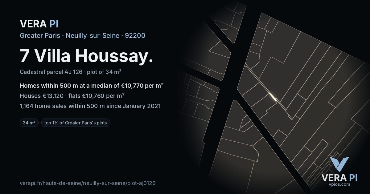 7 Villa Houssay, Neuilly-sur-Seine at night – the plot lit, the parcels around coloured by the prices near them