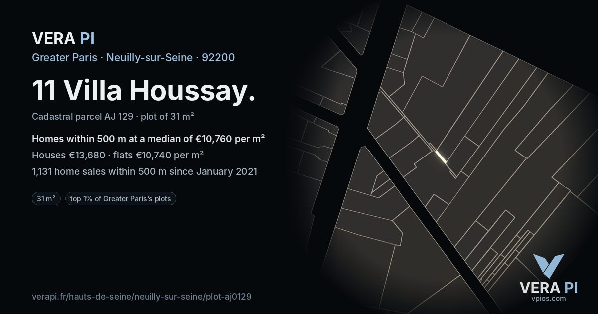 11 Villa Houssay, Neuilly-sur-Seine at night – the plot lit, the parcels around coloured by the prices near them