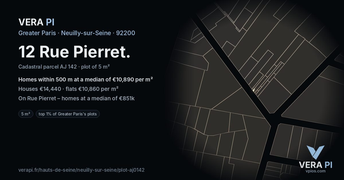 12 Rue Pierret, Neuilly-sur-Seine at night – the plot lit, the parcels around coloured by the prices near them
