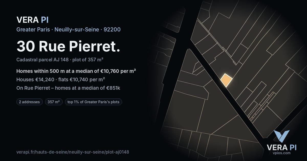 30 Rue Pierret, Neuilly-sur-Seine at night – the plot lit, the parcels around coloured by the prices near them
