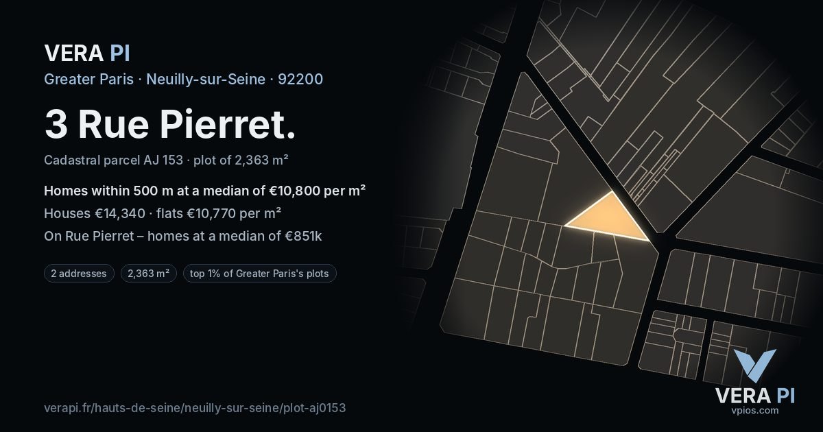 3 Rue Pierret, Neuilly-sur-Seine at night – the plot lit, the parcels around coloured by the prices near them