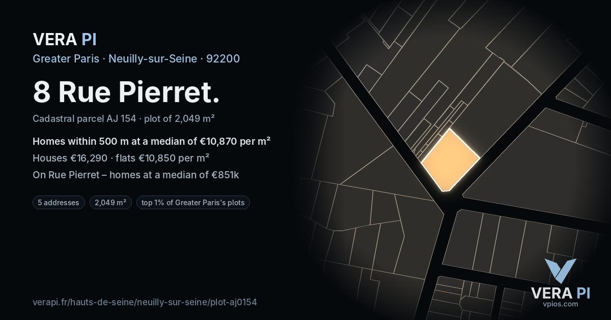 8 Rue Pierret, Neuilly-sur-Seine at night – the plot lit, the parcels around coloured by the prices near them