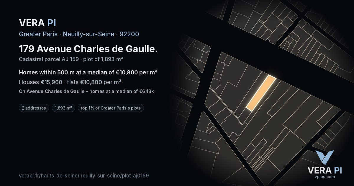 179 Avenue Charles de Gaulle, Neuilly-sur-Seine at night – the plot lit, the parcels around coloured by the prices near them
