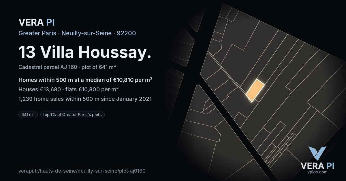 13 Villa Houssay, Neuilly-sur-Seine at night – the plot lit, the parcels around coloured by the prices near them