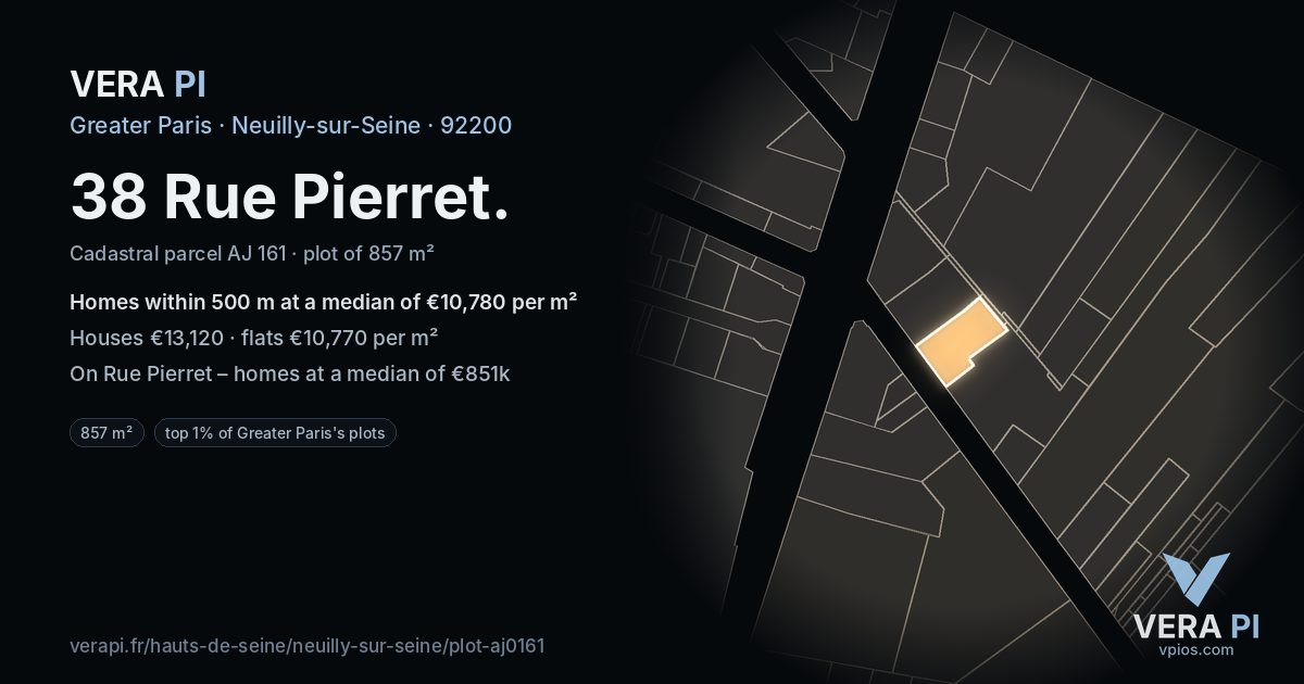 38 Rue Pierret, Neuilly-sur-Seine at night – the plot lit, the parcels around coloured by the prices near them