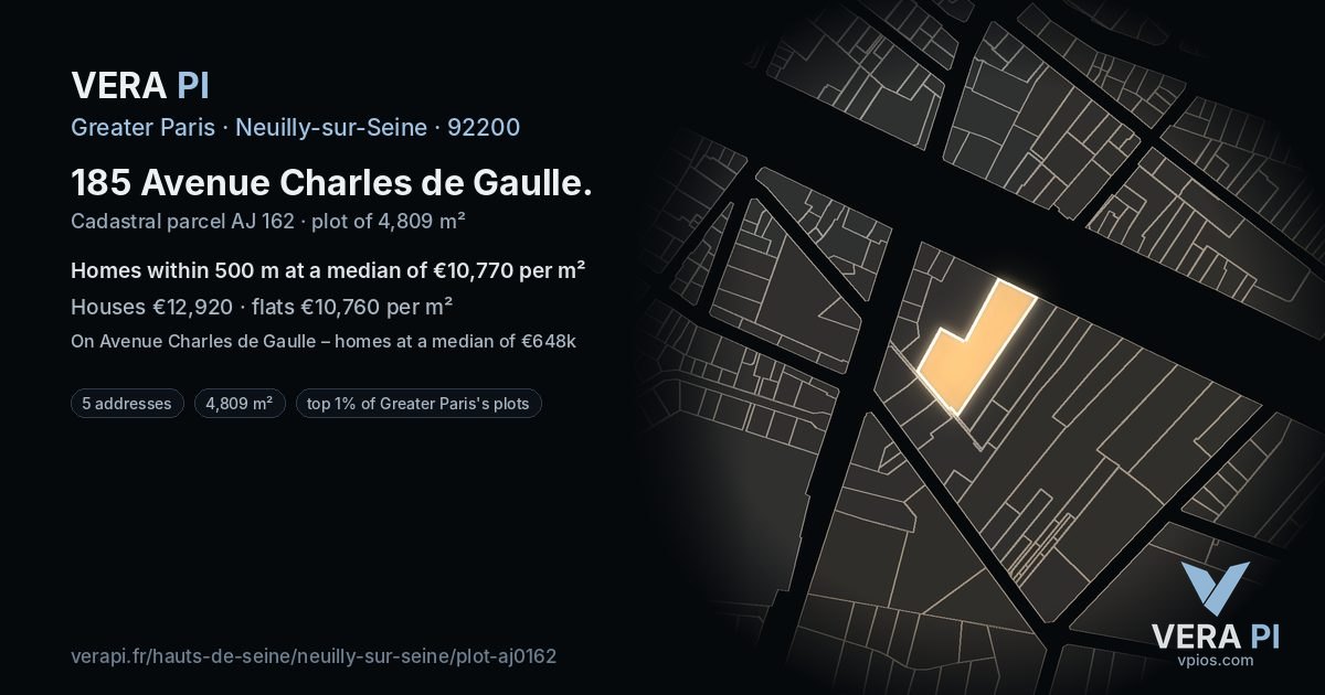 185 Avenue Charles de Gaulle, Neuilly-sur-Seine at night – the plot lit, the parcels around coloured by the prices near them