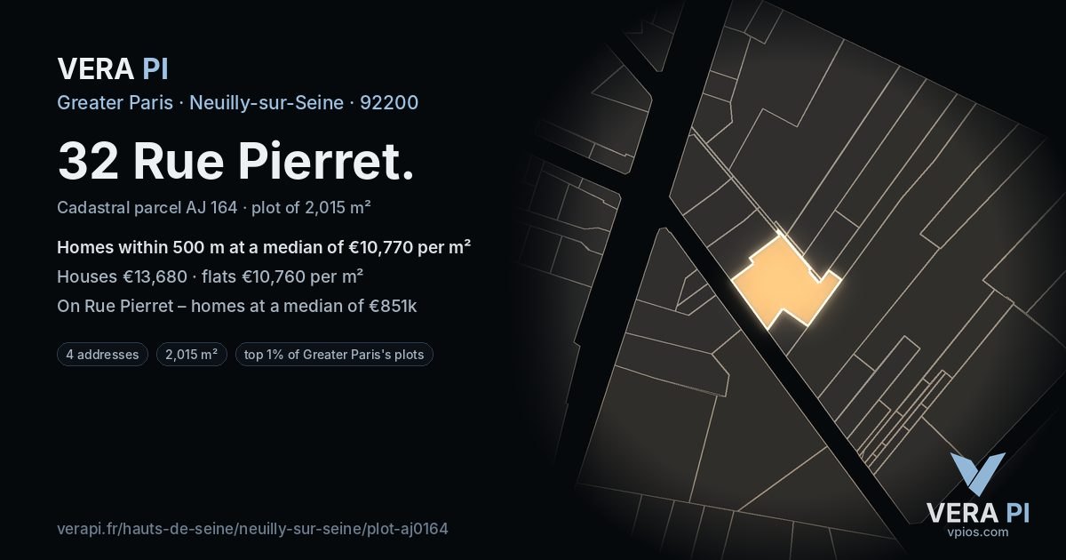 32 Rue Pierret, Neuilly-sur-Seine at night – the plot lit, the parcels around coloured by the prices near them