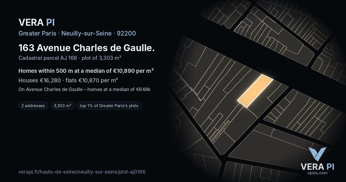 163 Avenue Charles de Gaulle, Neuilly-sur-Seine at night – the plot lit, the parcels around coloured by the prices near them