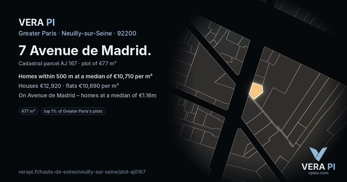 7 Avenue de Madrid, Neuilly-sur-Seine at night – the plot lit, the parcels around coloured by the prices near them