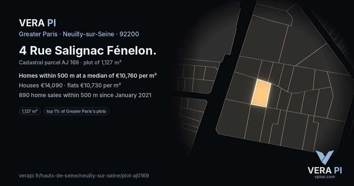 4 Rue Salignac Fénelon, Neuilly-sur-Seine at night – the plot lit, the parcels around coloured by the prices near them