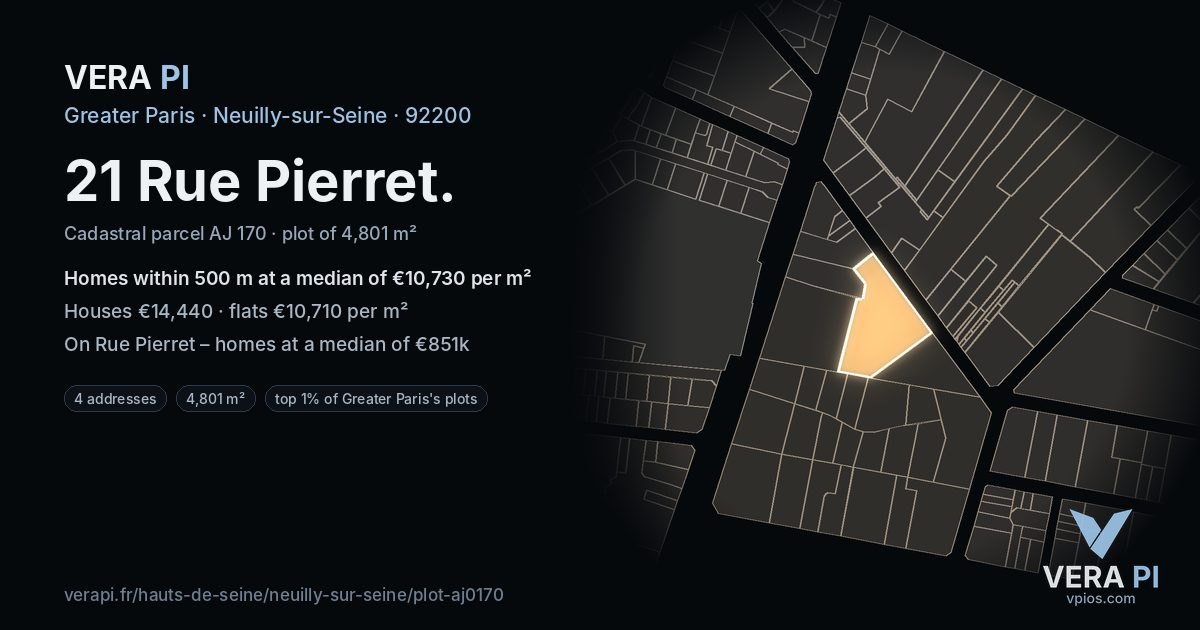 21 Rue Pierret, Neuilly-sur-Seine at night – the plot lit, the parcels around coloured by the prices near them
