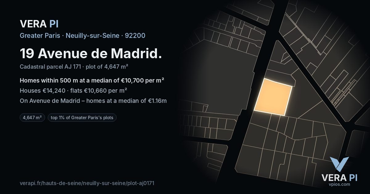 19 Avenue de Madrid, Neuilly-sur-Seine at night – the plot lit, the parcels around coloured by the prices near them