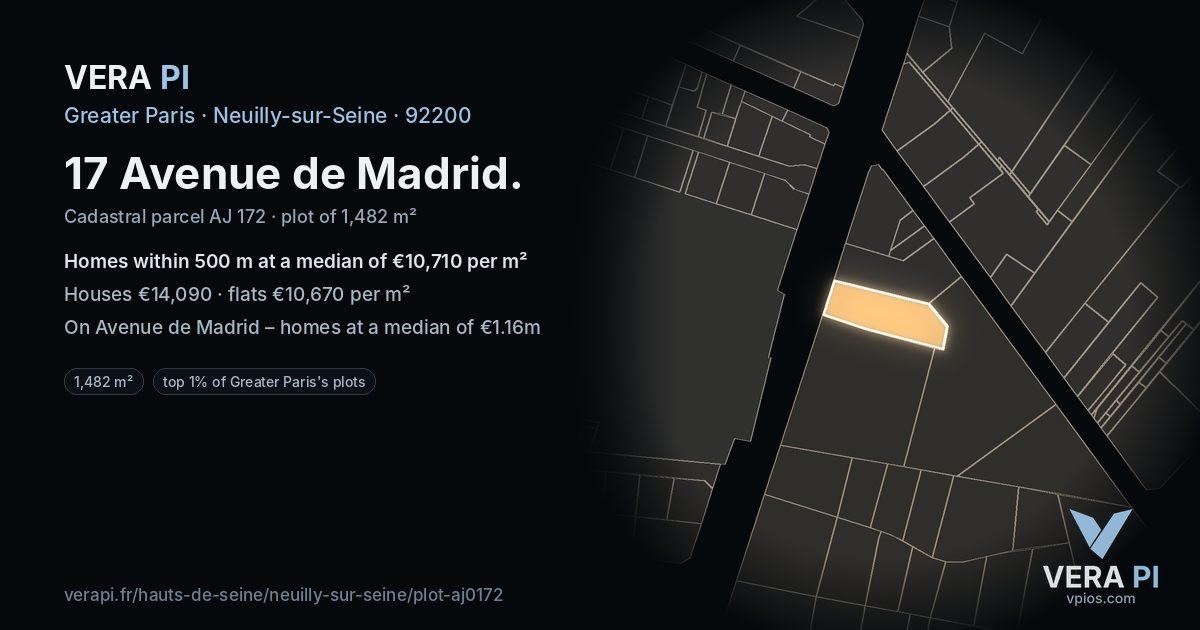 17 Avenue de Madrid, Neuilly-sur-Seine at night – the plot lit, the parcels around coloured by the prices near them