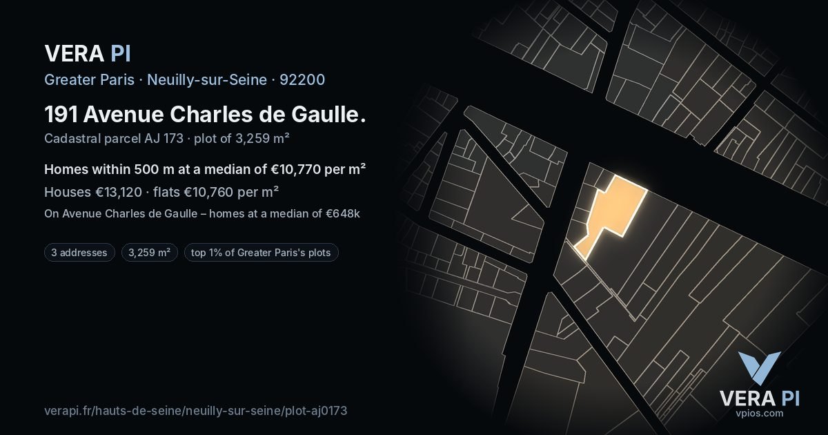 191 Avenue Charles de Gaulle, Neuilly-sur-Seine at night – the plot lit, the parcels around coloured by the prices near them