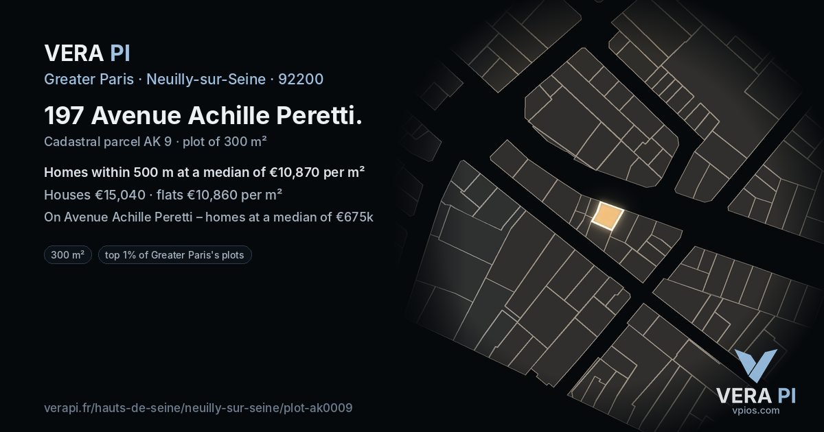197 Avenue Achille Peretti, Neuilly-sur-Seine at night – the plot lit, the parcels around coloured by the prices near them