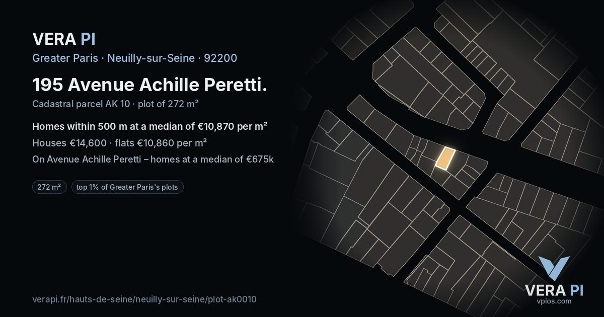 195 Avenue Achille Peretti, Neuilly-sur-Seine at night – the plot lit, the parcels around coloured by the prices near them