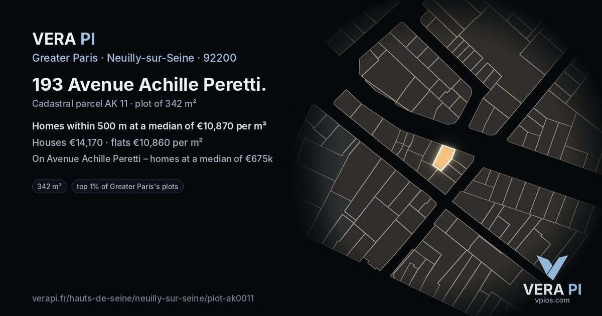 193 Avenue Achille Peretti, Neuilly-sur-Seine at night – the plot lit, the parcels around coloured by the prices near them