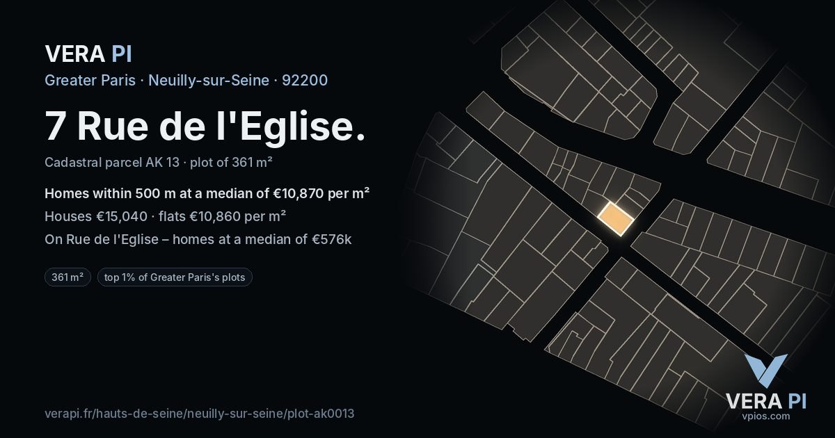7 Rue de l'Eglise, Neuilly-sur-Seine at night – the plot lit, the parcels around coloured by the prices near them
