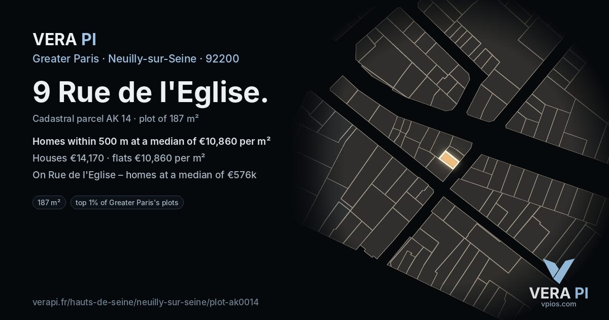9 Rue de l'Eglise, Neuilly-sur-Seine at night – the plot lit, the parcels around coloured by the prices near them