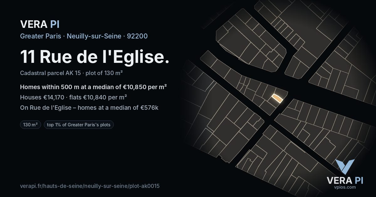 11 Rue de l'Eglise, Neuilly-sur-Seine at night – the plot lit, the parcels around coloured by the prices near them