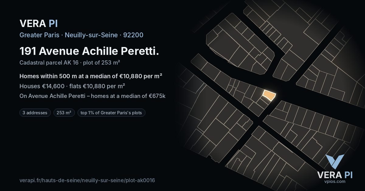191 Avenue Achille Peretti, Neuilly-sur-Seine at night – the plot lit, the parcels around coloured by the prices near them