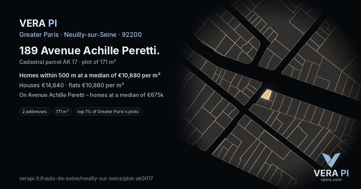 189 Avenue Achille Peretti, Neuilly-sur-Seine at night – the plot lit, the parcels around coloured by the prices near them