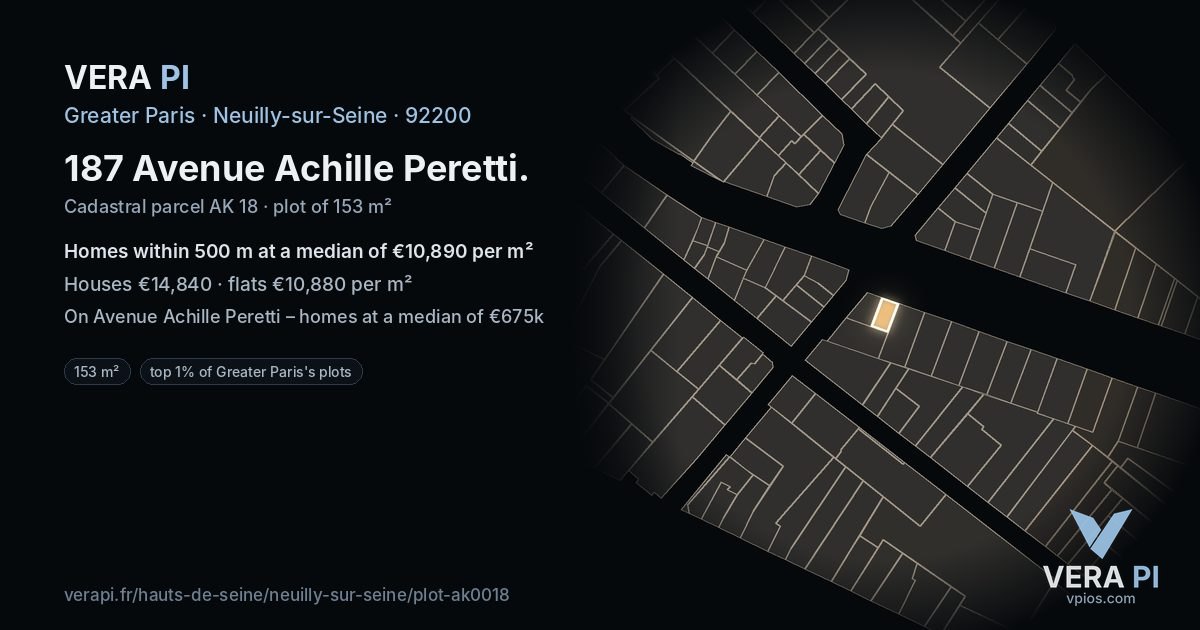 187 Avenue Achille Peretti, Neuilly-sur-Seine at night – the plot lit, the parcels around coloured by the prices near them