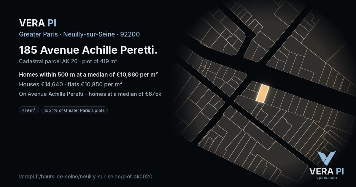 185 Avenue Achille Peretti, Neuilly-sur-Seine at night – the plot lit, the parcels around coloured by the prices near them