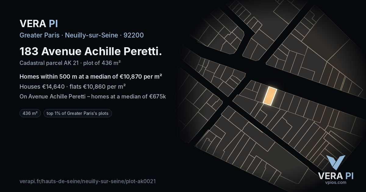 183 Avenue Achille Peretti, Neuilly-sur-Seine at night – the plot lit, the parcels around coloured by the prices near them