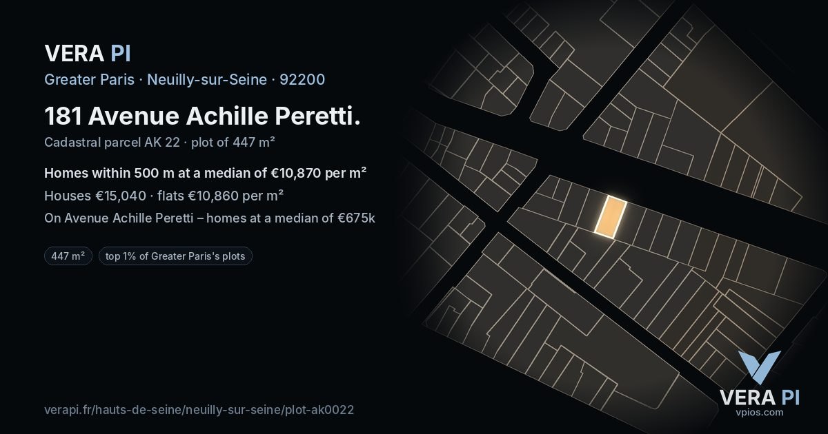 181 Avenue Achille Peretti, Neuilly-sur-Seine at night – the plot lit, the parcels around coloured by the prices near them