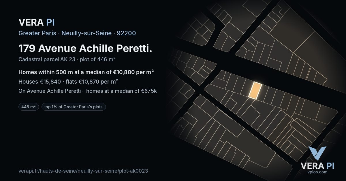 179 Avenue Achille Peretti, Neuilly-sur-Seine at night – the plot lit, the parcels around coloured by the prices near them