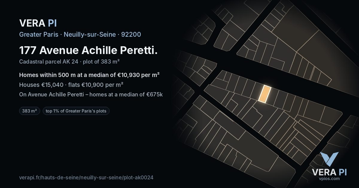177 Avenue Achille Peretti, Neuilly-sur-Seine at night – the plot lit, the parcels around coloured by the prices near them