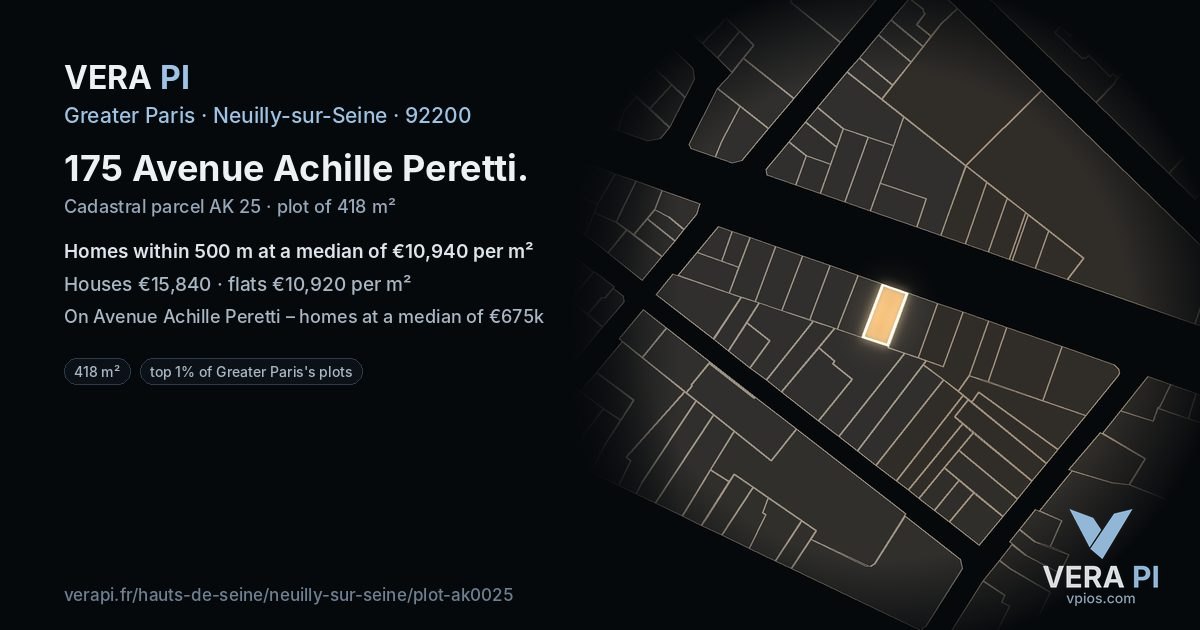 175 Avenue Achille Peretti, Neuilly-sur-Seine at night – the plot lit, the parcels around coloured by the prices near them