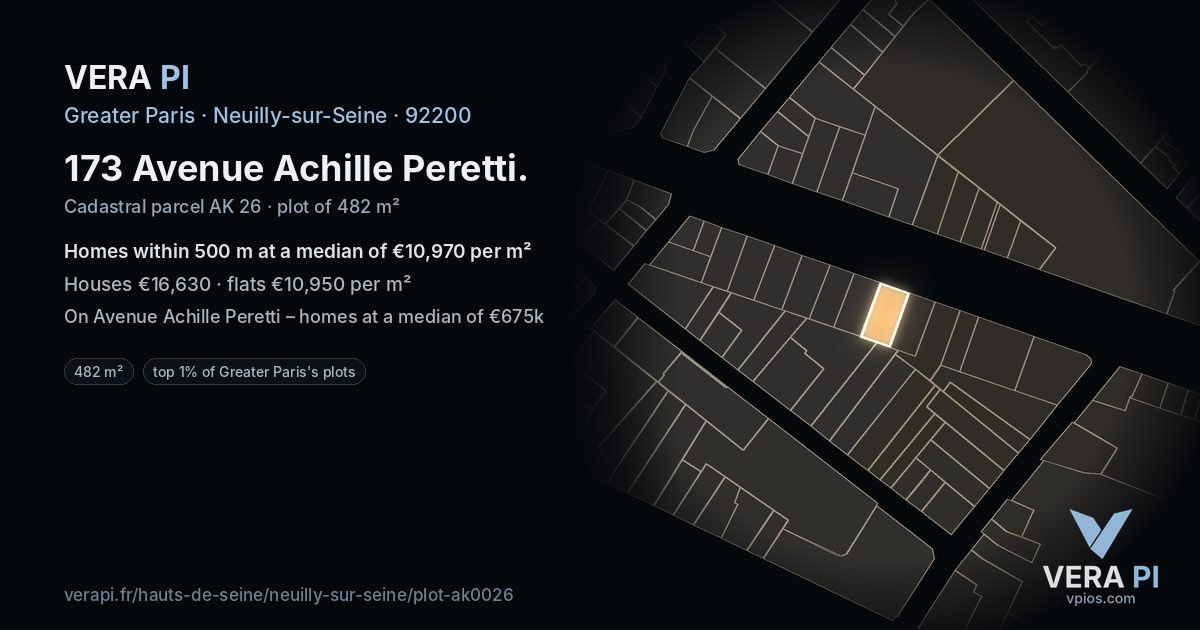 173 Avenue Achille Peretti, Neuilly-sur-Seine at night – the plot lit, the parcels around coloured by the prices near them