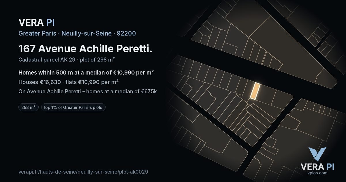 167 Avenue Achille Peretti, Neuilly-sur-Seine at night – the plot lit, the parcels around coloured by the prices near them
