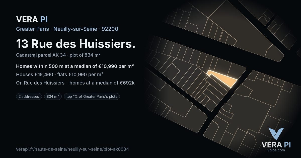 13 Rue des Huissiers, Neuilly-sur-Seine at night – the plot lit, the parcels around coloured by the prices near them