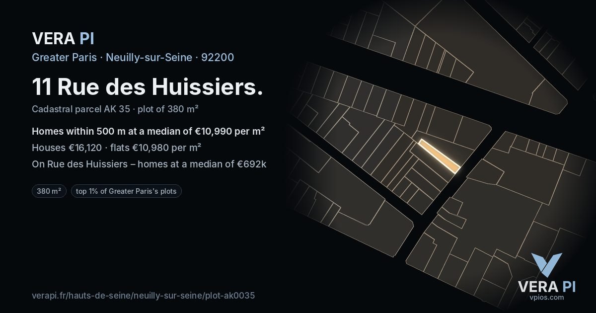 11 Rue des Huissiers, Neuilly-sur-Seine at night – the plot lit, the parcels around coloured by the prices near them