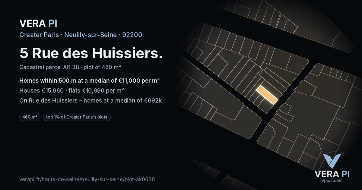 5 Rue des Huissiers, Neuilly-sur-Seine at night – the plot lit, the parcels around coloured by the prices near them