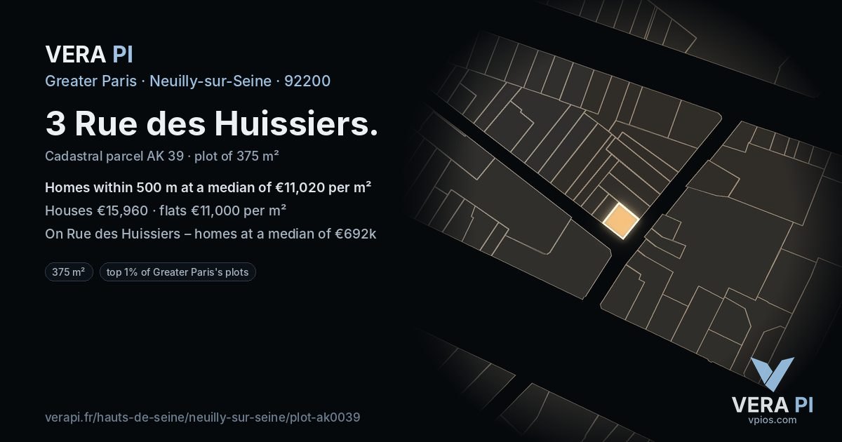 3 Rue des Huissiers, Neuilly-sur-Seine at night – the plot lit, the parcels around coloured by the prices near them