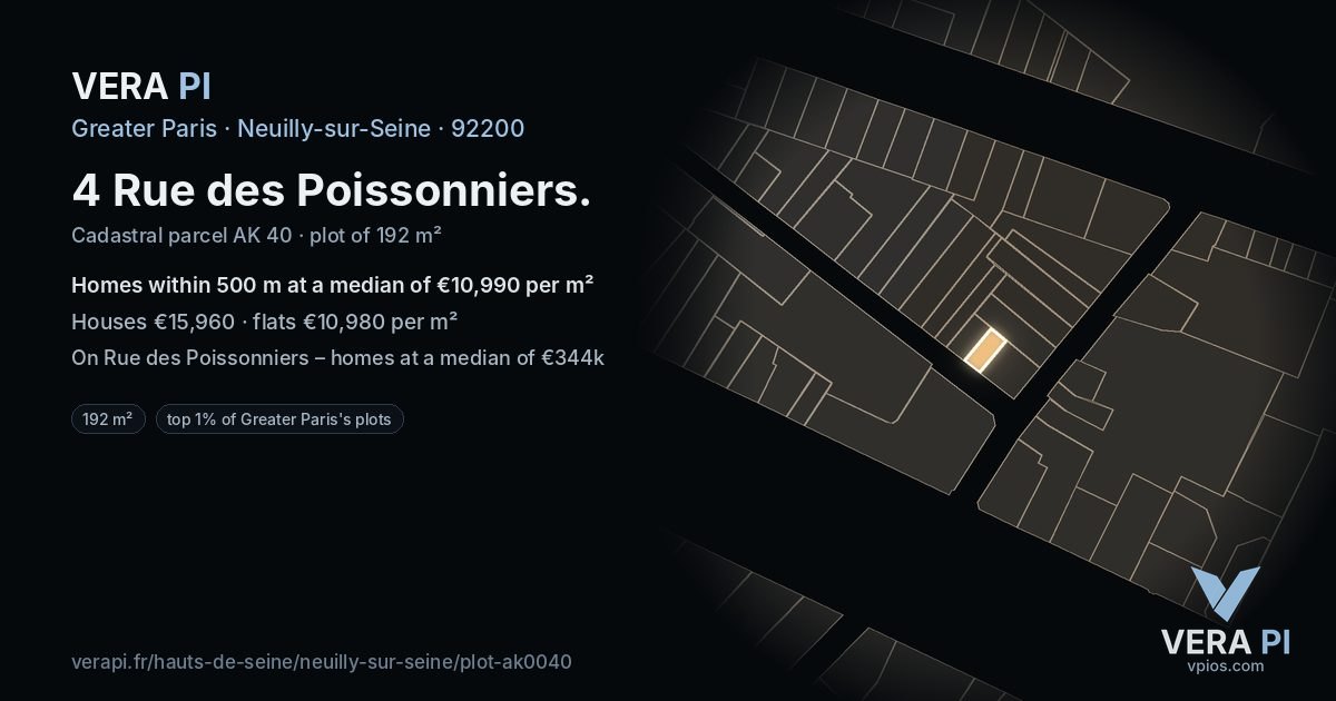 4 Rue des Poissonniers, Neuilly-sur-Seine at night – the plot lit, the parcels around coloured by the prices near them