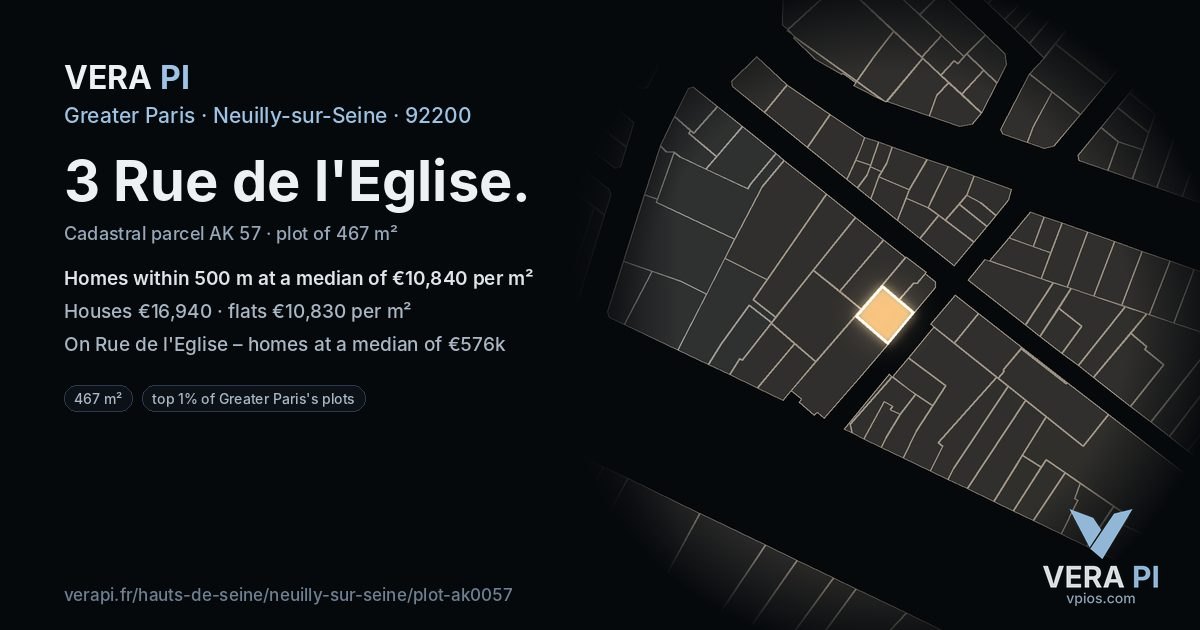 3 Rue de l'Eglise, Neuilly-sur-Seine at night – the plot lit, the parcels around coloured by the prices near them