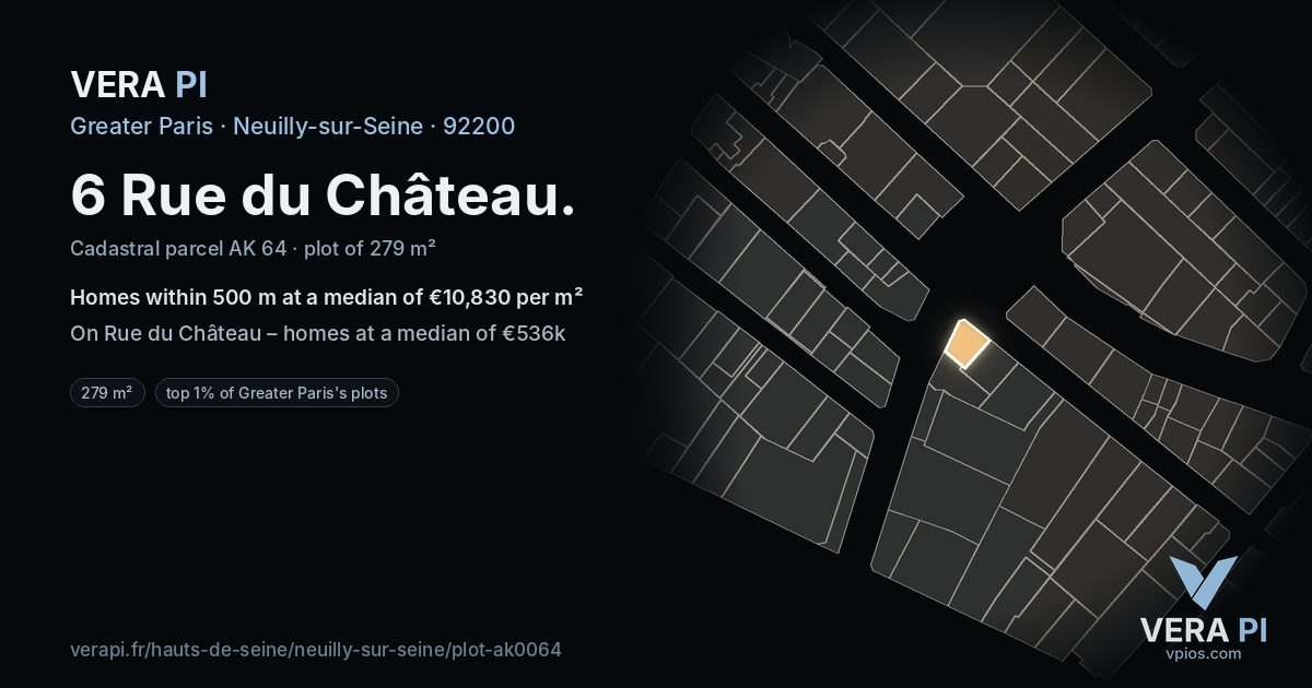 6 Rue du Château, Neuilly-sur-Seine at night – the plot lit, the parcels around coloured by the prices near them